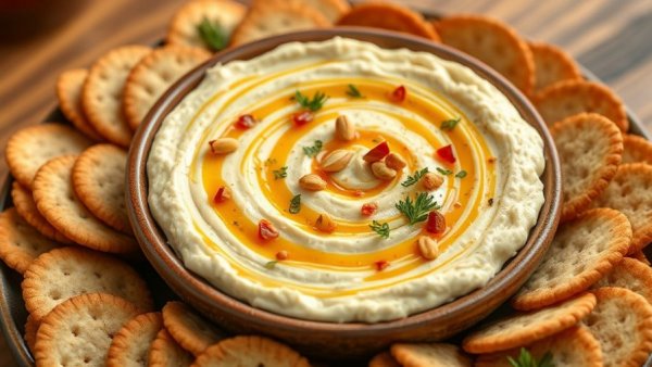 Garlic Herb Cheese Dip with Honey & Chili Crisp, on a plate with crackers.