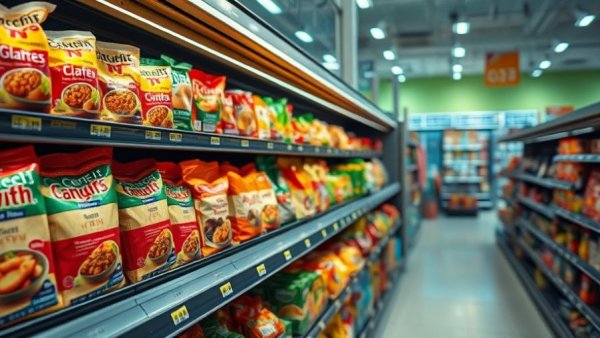 Variety of ultra-processed foods on a supermarket shelf.