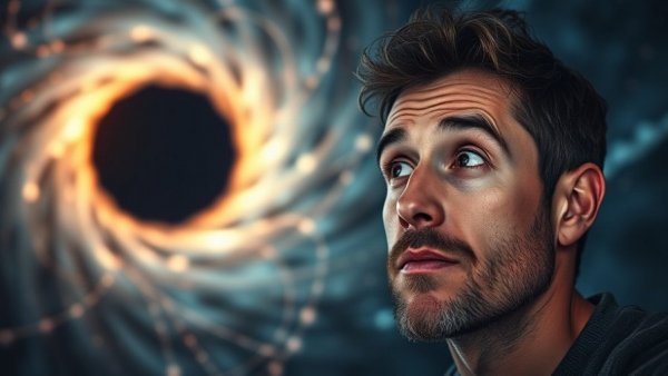 Curious man with glowing black hole illustration, Gemini 3 revolutionizes AI.