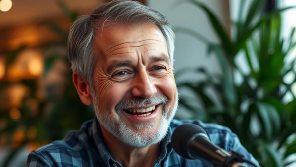 Friendly man talking into microphone about how to make money using AI.