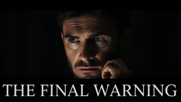 Contemplative man with text 'THE FINAL WARNING', global ban on super intelligence concept.