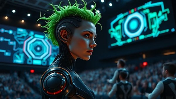 Futuristic female android on stage showcasing Deep Agent full autonomy.