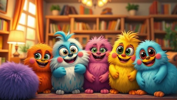 Colorful cartoon creatures in a living room setting by Google's Nano Banana Pro Image Generator.