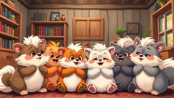 Colorful fluffy creatures gathered in a rustic living room, cartoon style.
