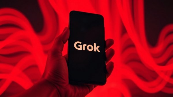 Smartphone showing 'Grok' logo against vibrant red background.