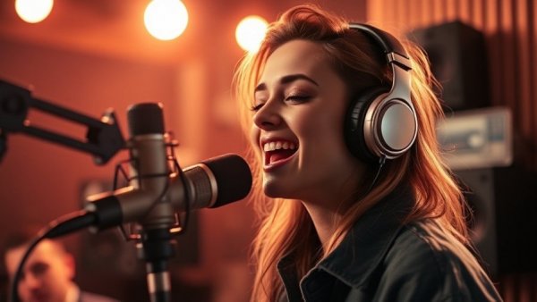 AI pop star recording emotionally in a music studio.