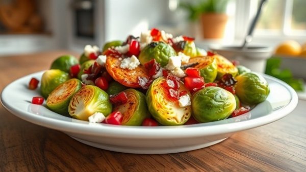 Maple Bacon Brussels Sprouts with feta and pomegranate on white plate.