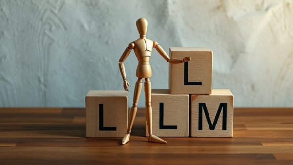 Wooden mannequin with LLM blocks representing llms.txt impact on AI citations.