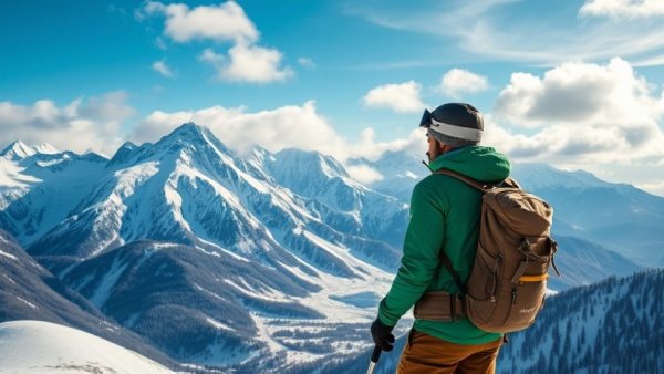 Person skiing, appreciating mountain scene; Winter Sports Health Benefits.