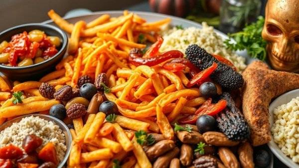 Colorful Thanksgiving foods assortment showcasing healthy options.