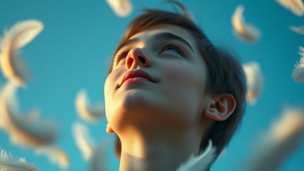 Dreamy portrait with floating feathers generated by Google AI image generator.
