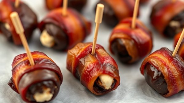 Bacon wrapped dark chocolate goat cheese stuffed dates on parchment.