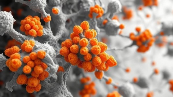 Microscopic cellular view with orange clusters, abstract detail.
