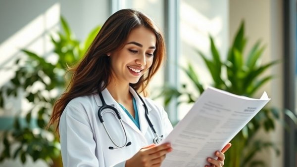 Smiling female doctor reviewing documents in a hospital room, WISeR cost control reviews.