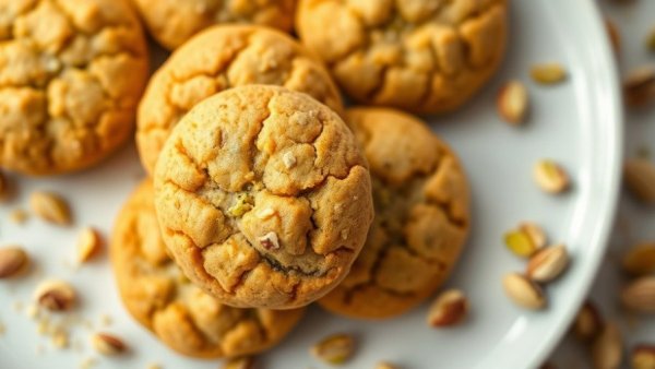 Perfectly arranged pistachio cookies on a white plate, viewed from above.