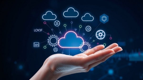 Illustration of cloud storage and SEO symbols related to web hosting.