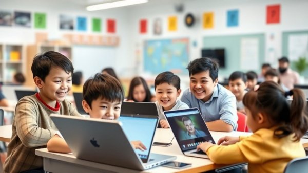 Students learning with laptops in modern classroom, guided by teacher.