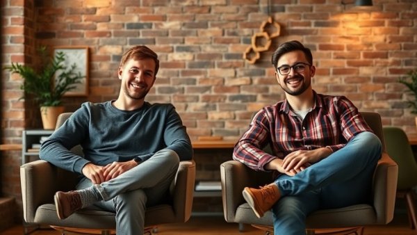 Two men in a modern office, seated against a brick wall. AI industrial safety.