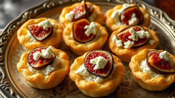 Golden brown Fig & Goat Cheese Puff Pastry Bites on a vintage platter.