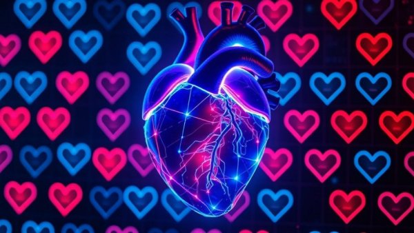 Futuristic digital heart rendering in blue and red for cardiovascular protection.