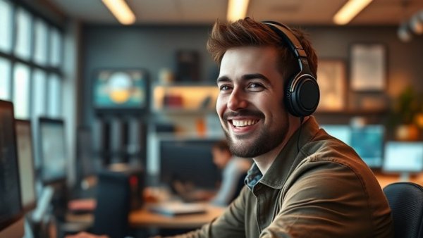 Man discussing AI customization on Macs in modern office, smiling.