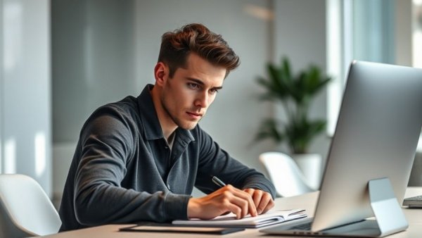 Young man experiencing digital fatigue and burnout while working at desk.