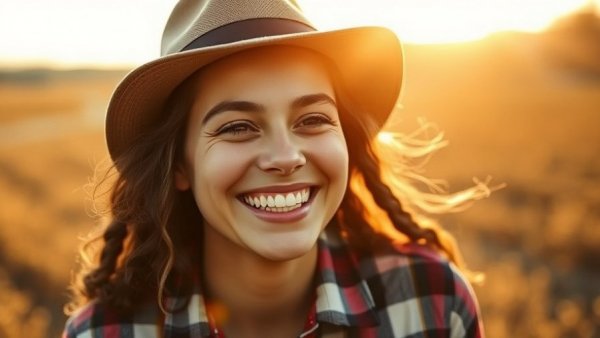 Young woman in a plaid shirt smiling warmly, enjoying golden hour.