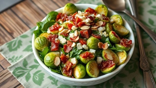 Brussels Sprouts Salad with Bacon, Almonds, and Parmesan in white bowl on green cloth.