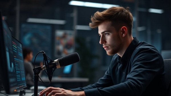 Young man using AI web design tools in a modern office.