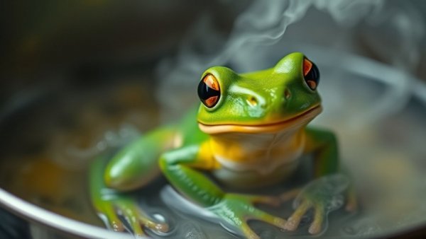 Vivid green frog in steaming pot representing societal and ethical boundaries.