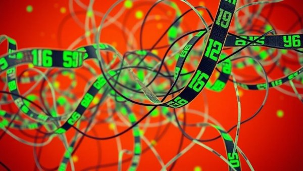 Algorithmic pricing collusion visualized with tangled ticker tape.