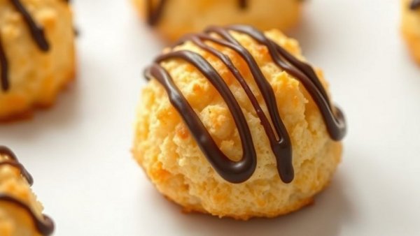 Delicious coconut macaroons with chocolate drizzle resting on a dish.