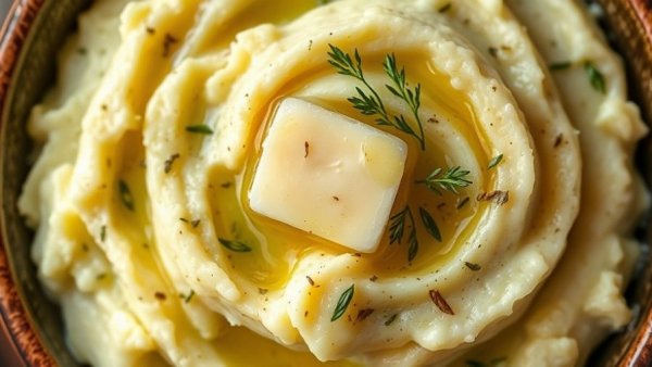 Best creamy garlic slow cooker mashed potatoes with butter and herbs.