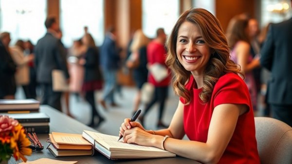 Woman at book signing event smiling, Tatiana Schlossberg cancer diagnosis discussion.
