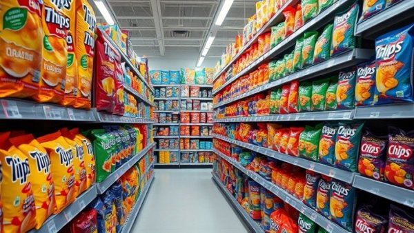 Supermarket aisle with various colorful packaged chips, highlighting ultra-processed foods health risks.