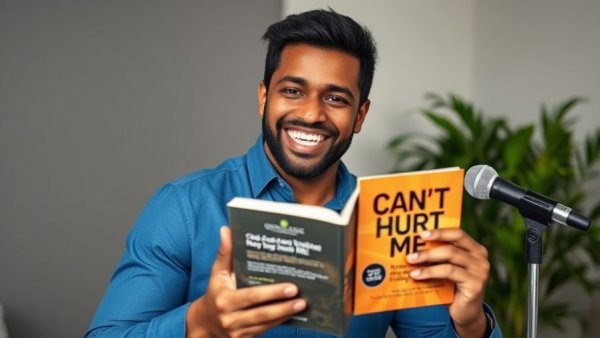 Man discussing 'Can't Hurt Me', an essential book for success.