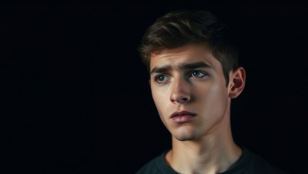 Concerned young man with serious expression, dark background.