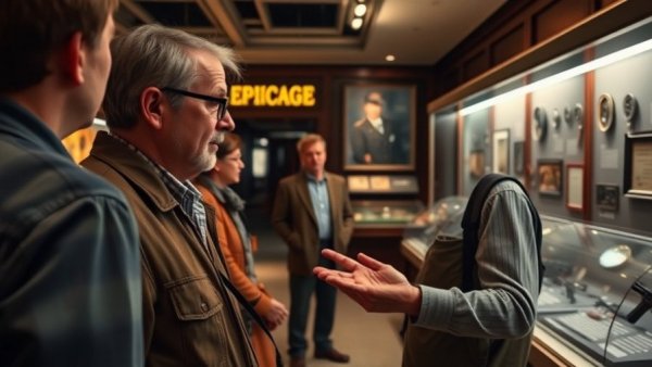 Museum docent engaging a group, showcasing espionage exhibits, Becoming a Docent for Social Engagement.