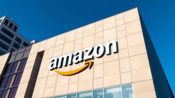 Amazon logo on building facade under clear sky