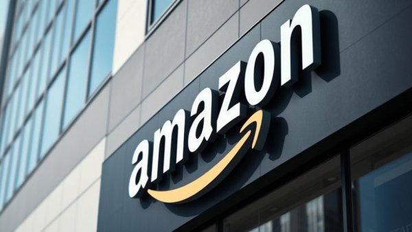 Amazon logo on building facade in natural daylight highlighting modern architecture.