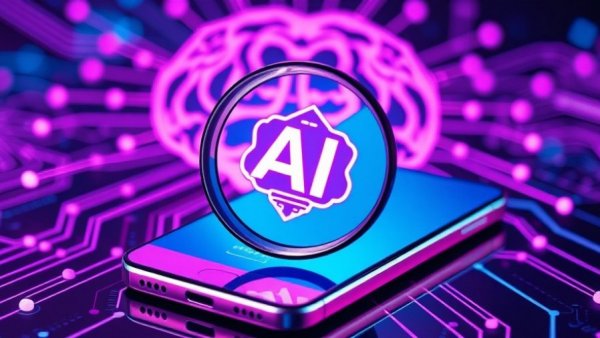 AI content labeling concept with a smartphone magnifying glass.