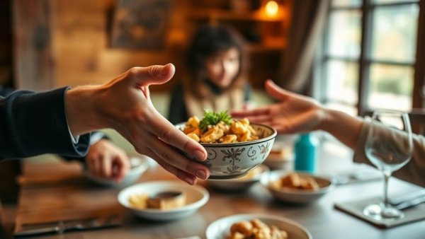 Hands exchanging a bowl symbolizing daily gratitude practices, warm setting.
