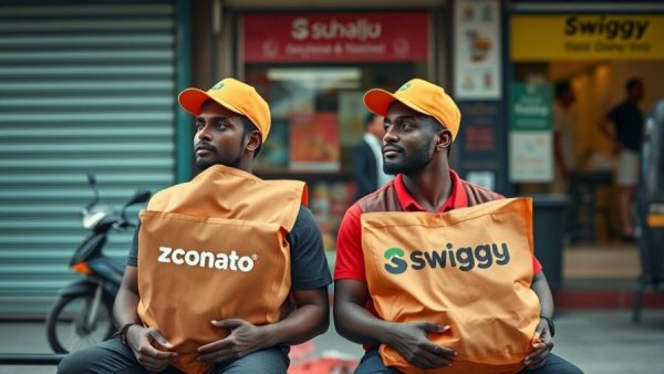 India gig workers from Zomato and Swiggy sitting together in urban street.