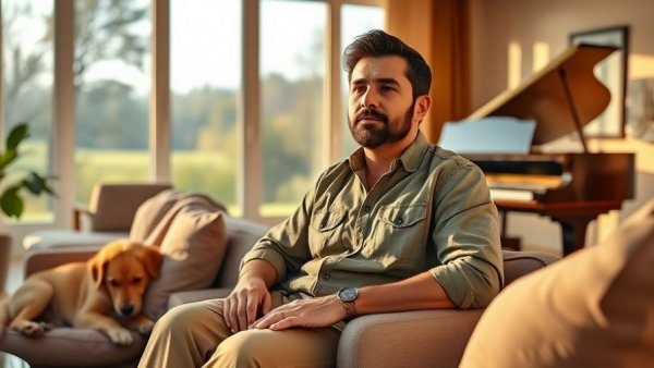 Man relaxed in living room with dog, showcasing VA testing AI.