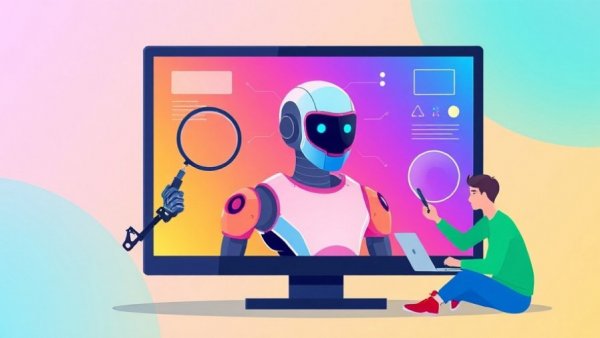 AI in quality assurance concept with robot and magnifying glass.