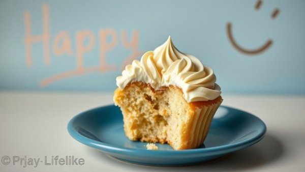 Cupcake with cream frosting on plate, symbolizes cultivating gratitude during Thanksgiving.