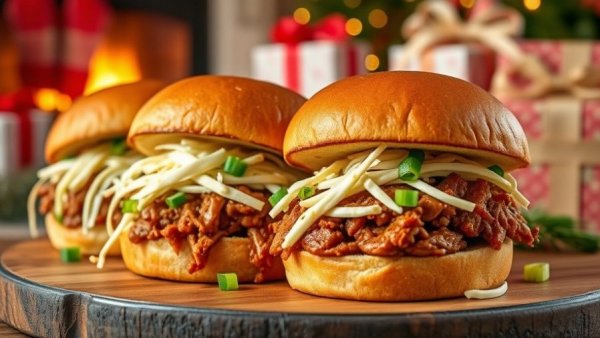 Festive Slow-Cooker Pulled Pork Sliders with coleslaw on a wooden board.