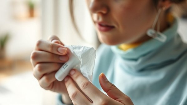 Cold Flu Covid Symptoms Testing: Close-up of a person holding a tissue with a COVID-19 test kit on a table.