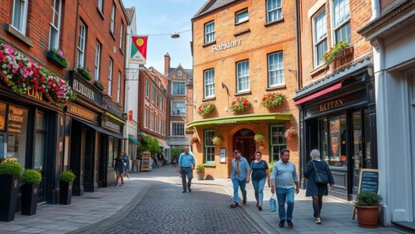 Colorful Irish pub scene with pedestrians in vibrant street.