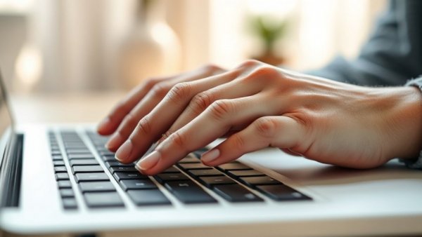 Close-up of hands typing on keyboard related to HTI-1 compliance.
